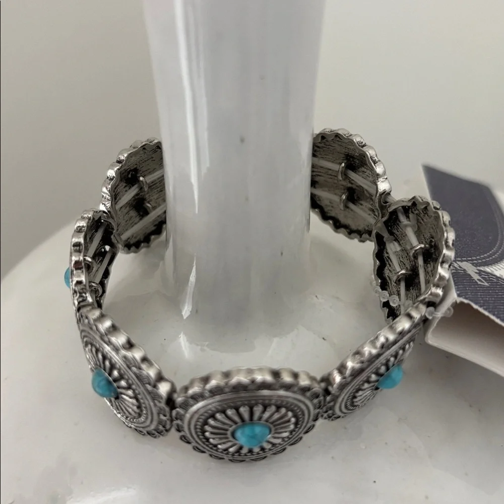 YMI Silvertone Conchos,faux turquoise stones, stretch bracelet,Southwestern